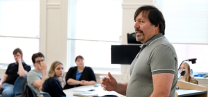 Author R.A. Salvatore speaking in Thompson Hall classroom