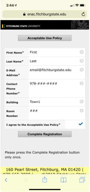 Screenshot showing the page where you enter your registration info and accept the Acceptable Use…