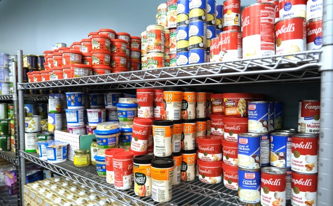 Shelves of soups, can goods, and toiletries in the Falcon Bazaar