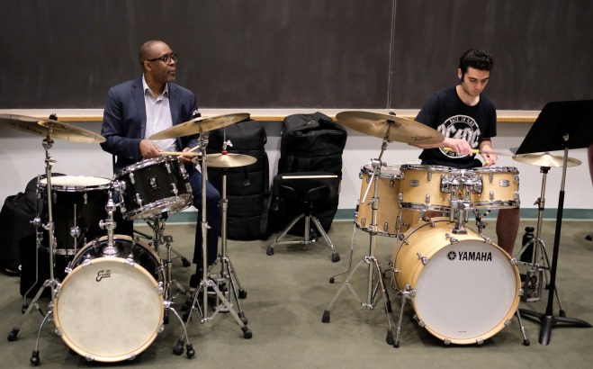 Grammy winner and jazz student playing the drums