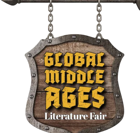 Illustration of a hanging wooden sign that states Global Middle Ages Literature Fair