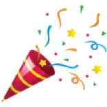 Drawing of a red megaphone with yellow stripes with red and blue confetti blowing out of it