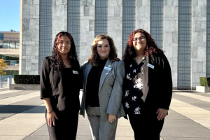 Photo of President Hodge with Adriana Padilla Salgado and Alexia Perez Lucas at UN