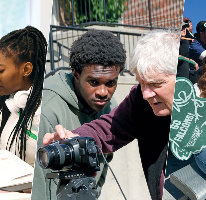 Students in the lab, with professor and camera, and at football game