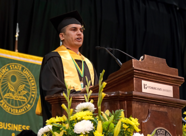 Graduate Student Leadership Award recipient Ali Raza speaks May 2024