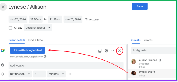 Screenshot of adding people to Google Calendar Event and automatic Google meet invite