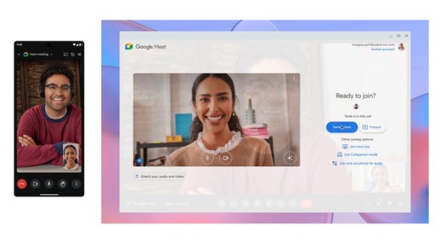computer and phone screens showing google meet