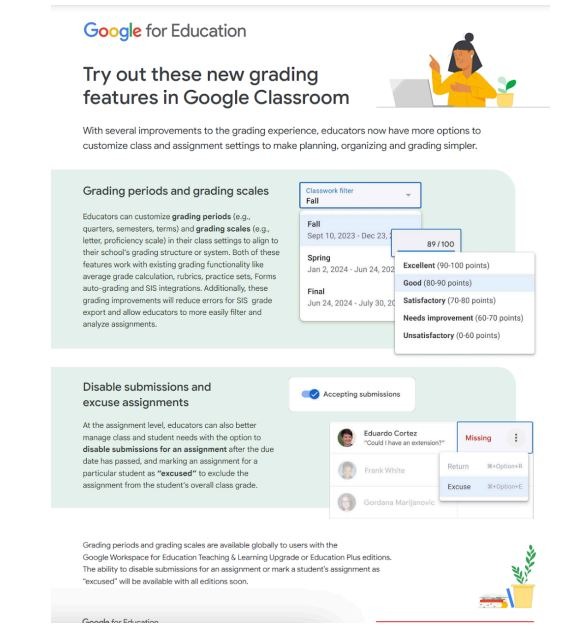 Screenshot of features for the new grading in Google Classroom