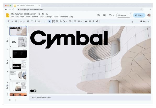 Screenshot of a Google slides recording with Cymbal and building