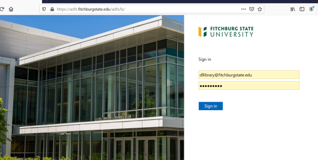 login screen to access off-campus materials which has a place to login with Fitchburg State email address and password