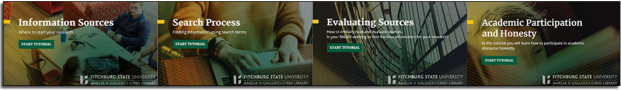 Landing page image for the four tutorial which are titled Information Sources, Search Process, Evaluating Sources, and Academic Participation and Honesty