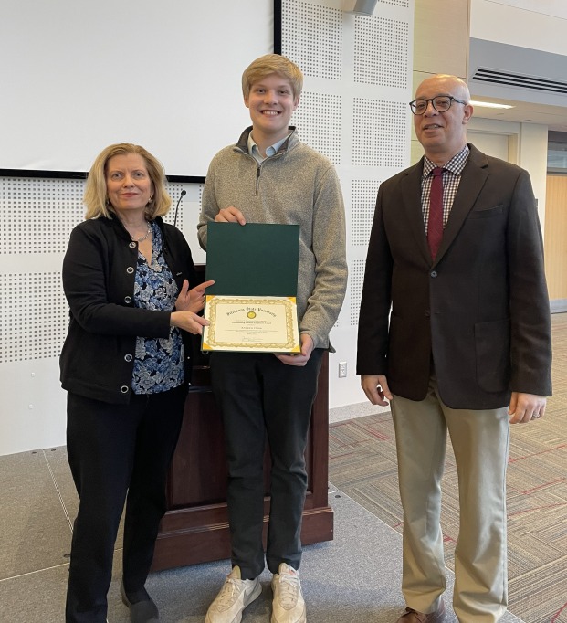 Library Student award recipient, Andrew Dorr, with Dean Jackie Kremer and Archivist Asher Jackson