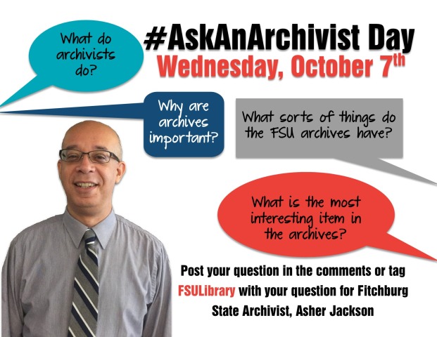 Poster Advertising Ask An Archivist Day featuring a photo of Asher Jackson, University Archivist