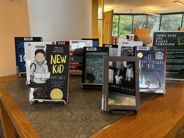 book display of banned or challenged books