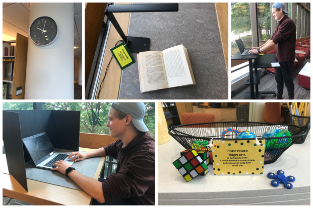 Project A+ changes in the library include quiet clocks, privacy panels, fidget toys, mobile standing desk and additional lighting options