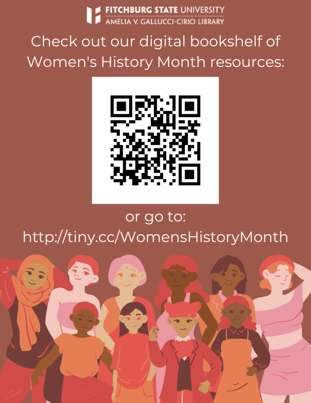 Poster advertising digital bookshelf for women's history month