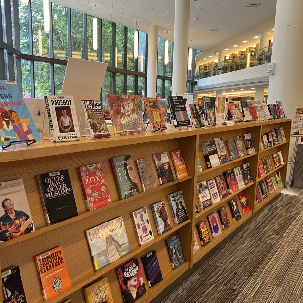 Display of books on wooden bookshelf