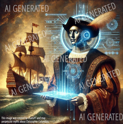 AI-generated image of a robotic Christopher Columbus holding a tablet with a 3 mast wooden sailing ship in the background and the words AI GENERATED across the image