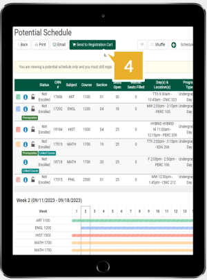 College Scheduler on tablet with step 4 register for class highlighted