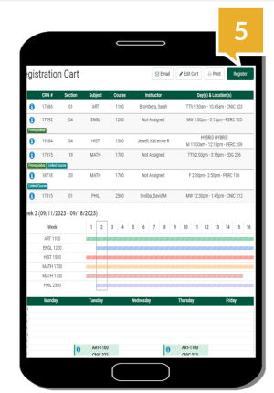 College Scheduler on phone screen with step 5 highlighted