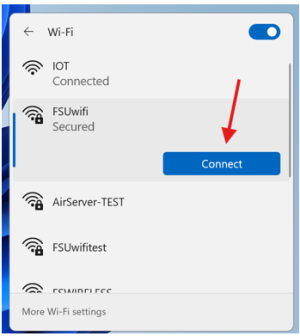 Image showing FSUwifi and connect button with arrow pointing to it.