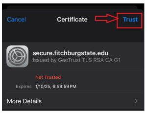 Image with an arrow pointing to the Trust button you click to trust the certificate.