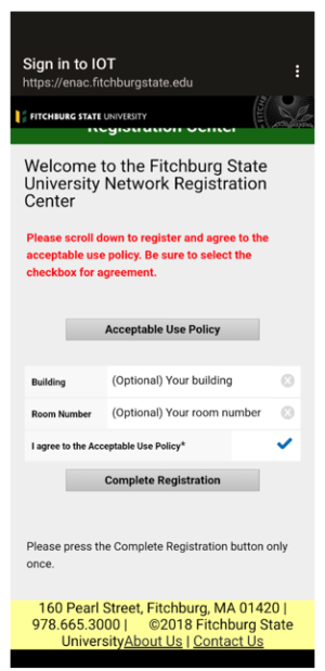 Screenshot showing the page where you enter your registration info and accept the Acceptable Use&hellip;