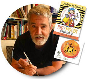 Headshot of author, illustrator, and alumnus Peter H. Reynolds, a white man short grey hair and beard wearing a black t-shirt and holding a pen, as well as book covers for two books, Judy Moody Sunny Side Up, and The Dot