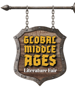 Illustration of a hanging wooden sign that states Global Middle Ages Literature Fair