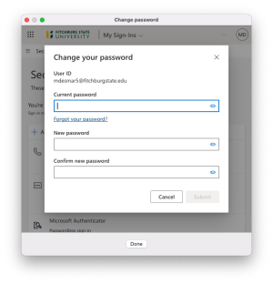 The change password screen showing the current password, new password and confirm password fields