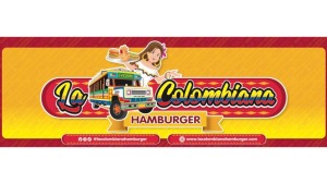 La Colombiana Hamburger truck and woman with tray of food over sign