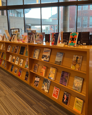 Display of books on shelves